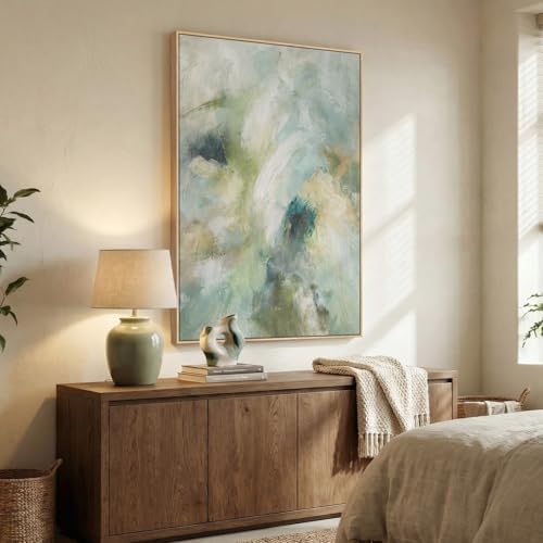 Extra Large Framed Teal Sage Green Abstract Wall Art, Vertical 40x60 In - Image 4