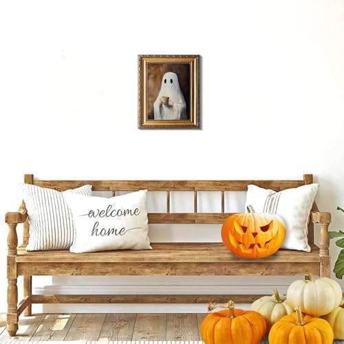 uniro Vintage Gold Framed Wall Art, Vintage Ghost Drinking Coffee Halloween - Image 7