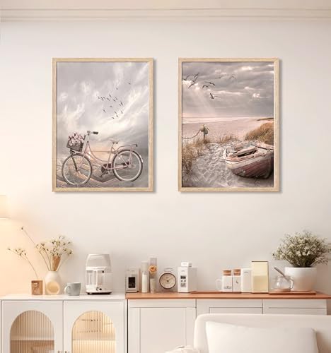 Beach Canvas Wall Art Neutral Coastal Canvas Pictures Vintage Bicycle Wooden - Image 5