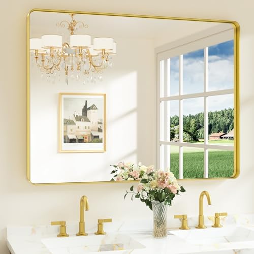 Keonjinn 48 x 36 Inch Brushed Gold Bathroom Vanity Mirror, Tempered Glass by Keonjinn