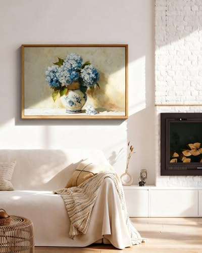 InSimSea Framed Canvas Art Hand-Painted Vintage Blue Hydrangea Art, Textured - Image 3