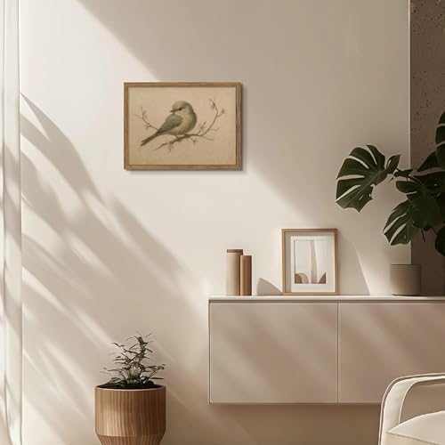 Framed Vintage Bird Canvas Wall Art, Cute Rustic Bird on Peach Blossom Print - Image 6
