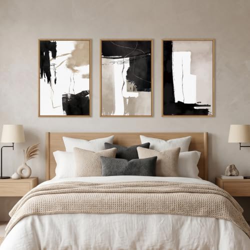 Abstract Black White Brown Framed Canvas Wall Art Set-24"x36"x3 - Image 4
