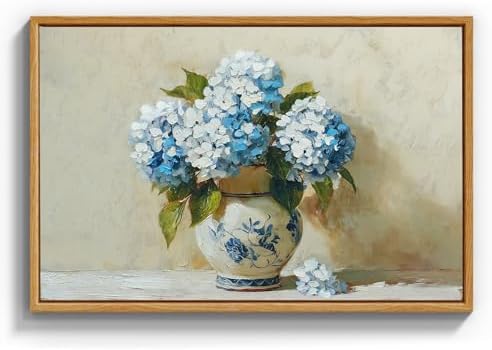 InSimSea Framed Canvas Art Hand-Painted Vintage Blue Hydrangea Art, Textured by InSimSeaArt