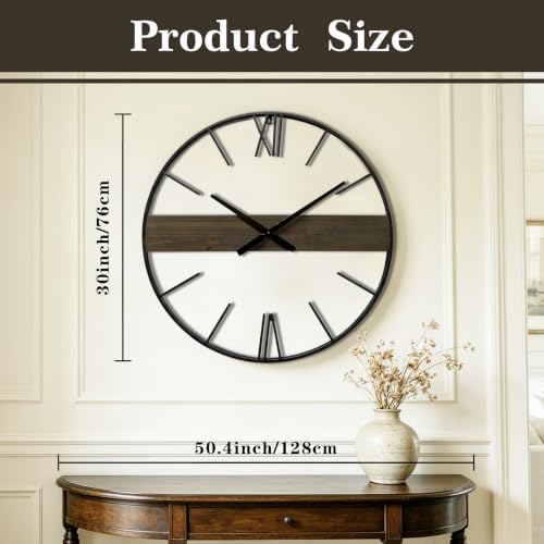 30 Inch Large Modern Wall Clock Oversized Rustic Wood Metal Frame Silent - Image 3