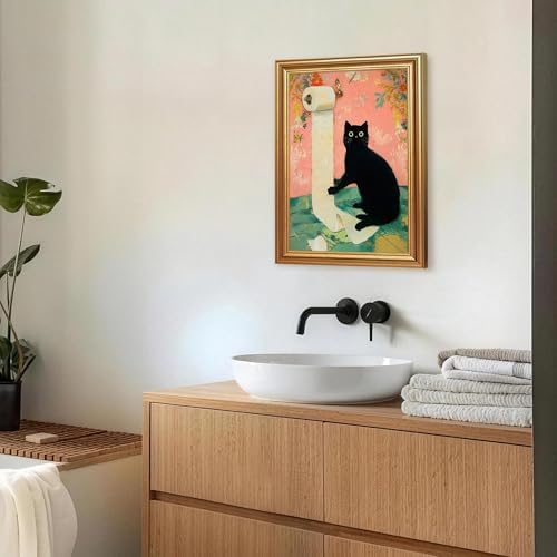 ICHZUMW Gold Framed Funny Black Cat Toilet Paper Canvas Wall Art, 12x16 In - Image 2