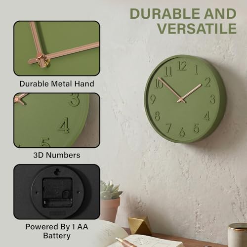Clockswise 11" Modern Minimalist Round Wall Clock Green Arabic Numerals and - Image 6