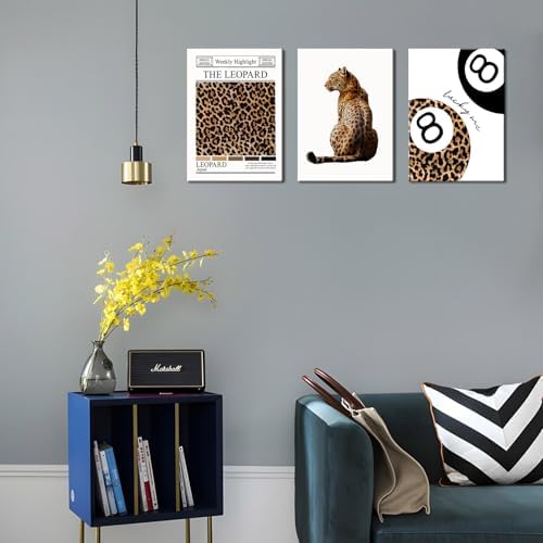 Set of 3 Trendy Leopard Canvas Wall Art Funky Lucky 8 Ball Posters Prints - Image 3
