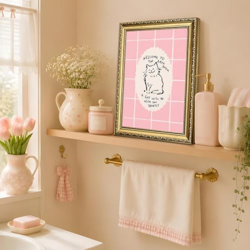 Cute Pink Bathroom Cat Wall Art Welcome to the Bathroom Sign Trendy Animal - Image 2