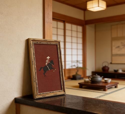 Vintage Gold Framed Canvas Wall Art Skeleton Cowboy Riding Bronco Painting - Image 3