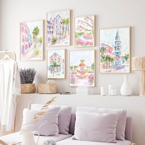 Charleston South Carolina Wall Art Preppy Posters Pictures Pastel Pink Canvas - Image 5