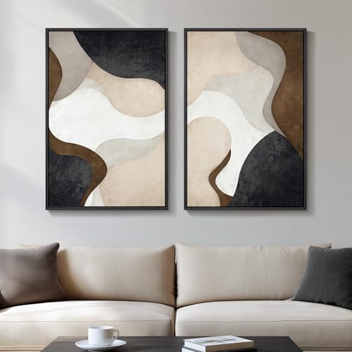 Framed Neutral Beige Brown Abstract Canvas Wall Art Set of 2, 16x24 In by Cuspin