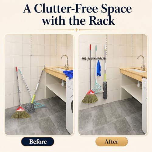voze 5 Racks and 4 Hooks Mop and Broom Holder Wall Mount, Self Adhesive Heavy - Image 3