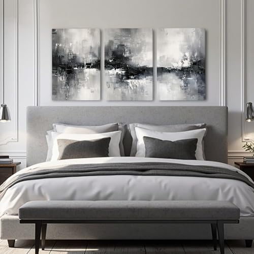 AVECCO Triptych Abstract Black White Gray Wrapped Canvas Wall Art 16x24 In - Image 4