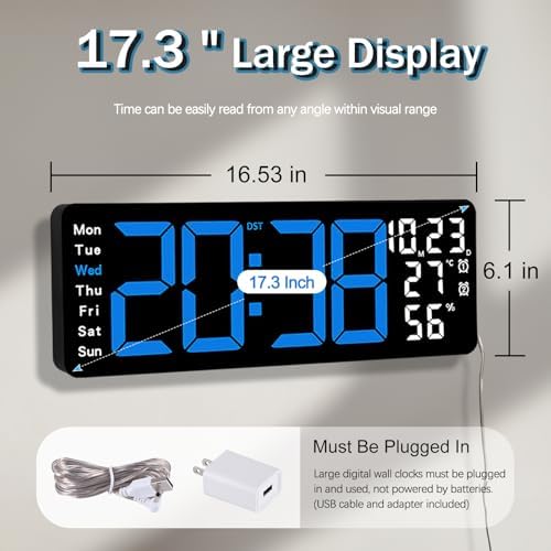 JoFomp 17.3" Large Digital Wall Clock, LED Digital Clock Large Display - Image 2