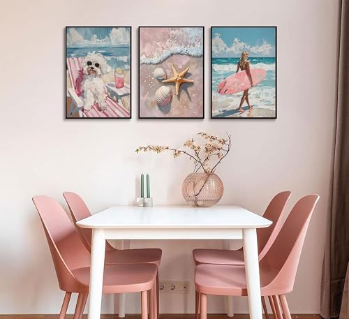 Uofnvrji 3Pcs Pink Beach Preppy Wall art Retro Beach seashell and starfish - Image 3