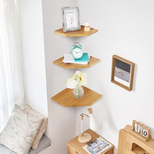 Corner Wall Shelves Set 2 Wire Hole Solid Oak Wood Display Shelf - Image 2