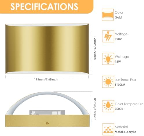 Modern LED Wall Sconces Set of 2, 3000K Gold Indoor Wall Light Fixture - Image 2