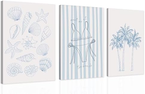 Setris 3Pcs Blue Coastal Wrapped Canvas Wall Art, Preppy Beach Summer Decor by SetrisWallArt