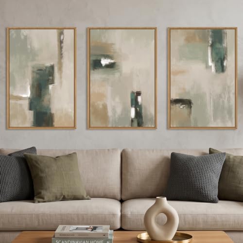 Large Abstract Green Brown Framed Canvas Wall Art, Modern Brush Stoke Wall Decor by Unknown