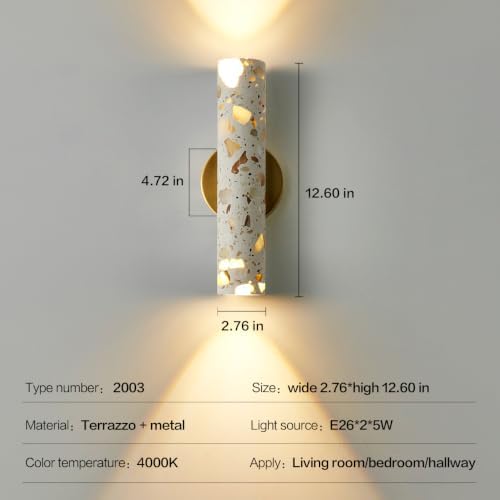 Terrazzo Wall Sconce, 12.6 Inch Up Down Wall Light, E26 Hardwired Indoor Wall - Image 4