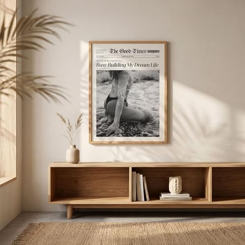 Funky Black And White Newspaper Canvas Wall Art 8x10in Wood Grain Frame Trendy - Image 2