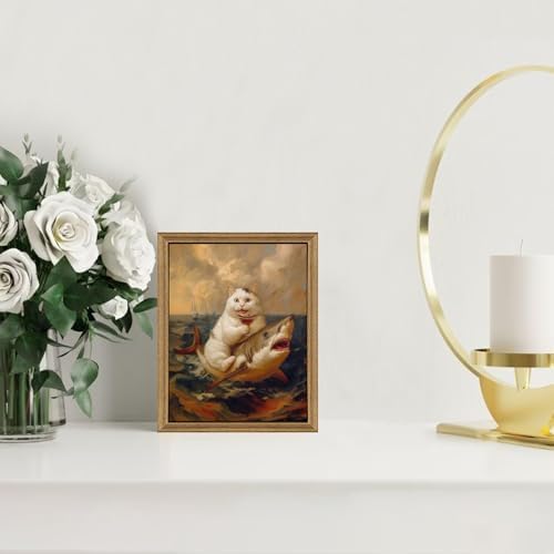 ICHZUMW Framed Funny White Cat Riding Shark Ocean Canvas Wall Art 8x10 In - Image 2