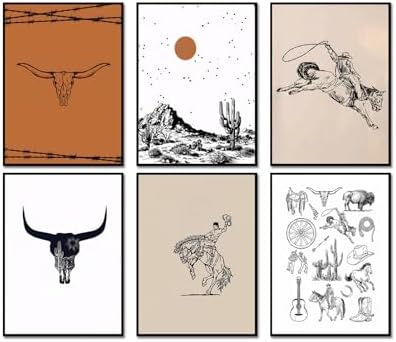 Vintage Western Cowboy Poster Set of 6, Southwestern Wall Art Longhorn Bull by TransformYourWallsElevateYourStyle