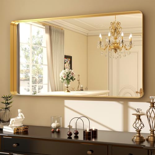 Easly 48 x 30 Inch Gold Bathroom Mirror, Rectangular Wall Mounted Shatterproof - Image 2