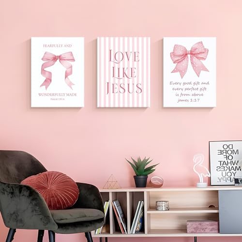 3 Piece Pink Bows Wall Art for Girls Room College Gifts for Girls 12x16 In - Image 2