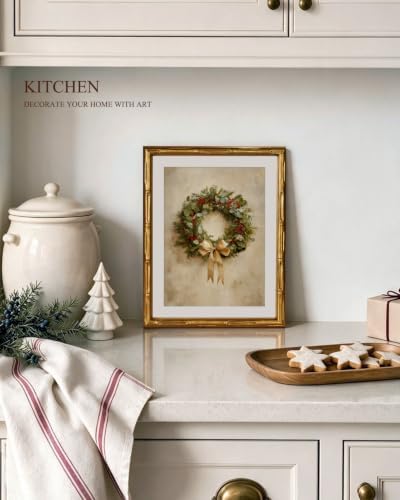 InSimSea Gold Bamboo Framed Christmas Wall Art, Retro Berry Wreath - Image 3