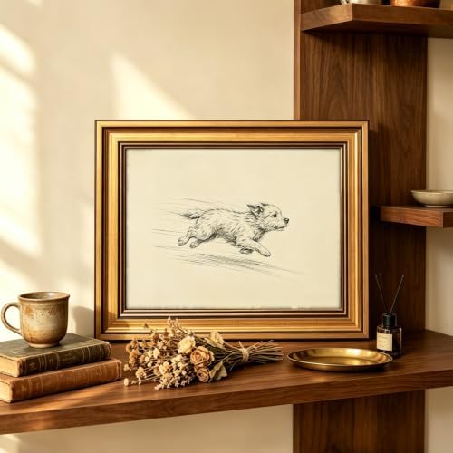 IMNTSD Framed Vintage Running Dog Sketch Wall Art, Antique Pencil Drawing Puppy - Image 5