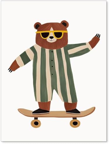 Cool Skateboarding Bear Wall Art Funny Cute Animal Canvas Poster Fashion by Unknown