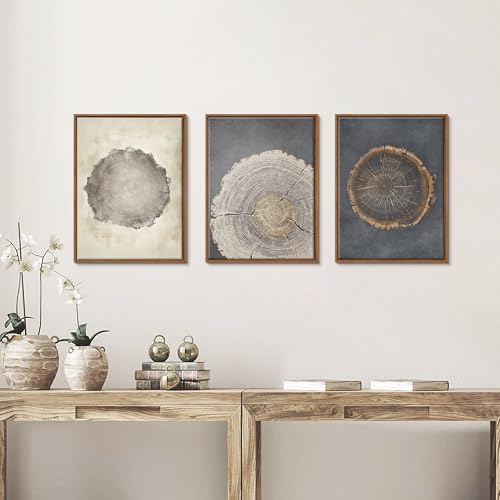 3Pcs Neutral Tree Ring Framed Canvas Wall Art Beige Gray Paintings 12"x16" - Image 3