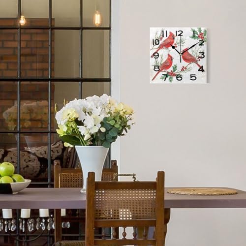 Moderate 8 Inch Square Wall Clock, Cardinals on Holly Berry Branches Christmas - Image 2