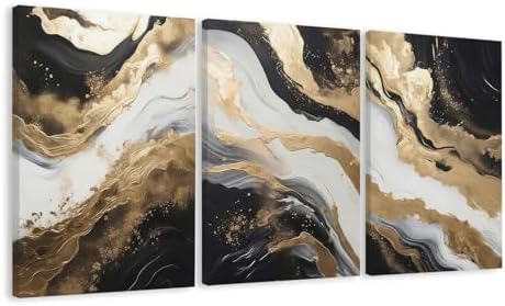EJPFOGV Triptych Black White Gold Wrapped Canvas Wall Art 16x24 inches x3 by FramedCanvasWallArt