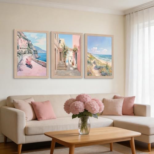 Pink Coastal Landscape Canvas Wall Art 3Pcs Framed Home Decor 12X16 Inch - Image 2