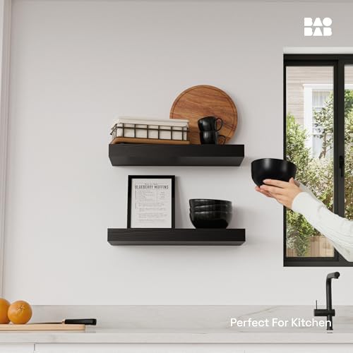 Solid Wood Floating Shelves For Wall 16 inch Black, Bathroom Wooden Shelf - Image 2