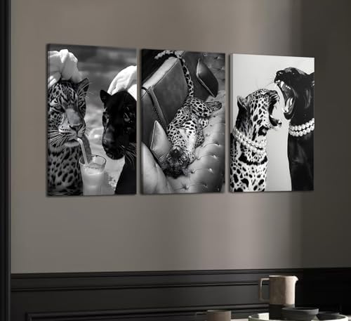 Black and White Cheetah Canvas Wall Art Fashion Cheetah Drinking Cocktail - Image 2