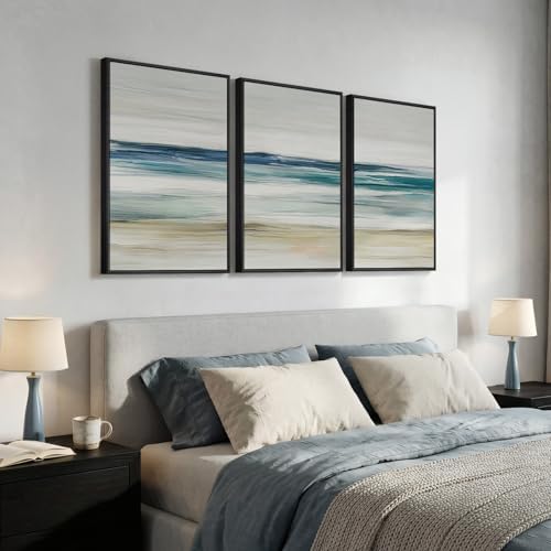 Framed Blue Abstract Coastal Ocean Large Wall Art - Image 2