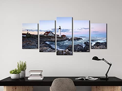 Wieco Art Portland Lighthouse 5 Panels Modern Canvas Prints Artwork Seascape - Image 2