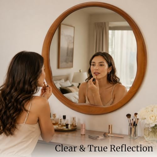 Warm Walnut 36 Inch Round Wood Wall Mirror, Asymmetrical Inner Edge - Image 5