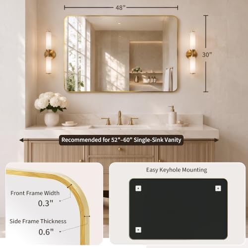 30x48 Inch Brushed Gold Rounded Rectangle Bathroom Vanity Mirror - Image 2