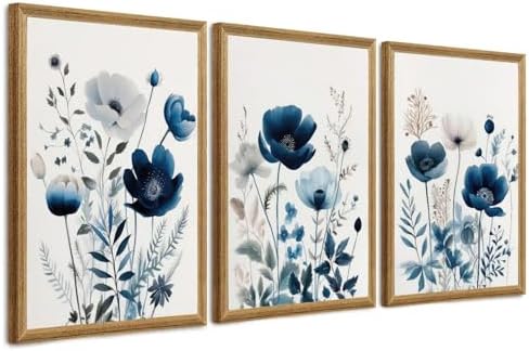 DUWQU Triptych Navy Blue Watercolor Botanical Floral Wall Art 20x30 in x3 by DUWQUCanvasWallArt