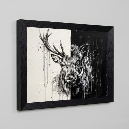 Framed Canvas Wall Art Modern Mixed Media Monochrome Stag and Boar Dualistic - Image 5