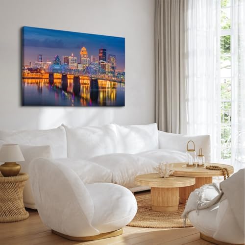 Large USA Downtown Colorful Night Cityscape Canvas Wall Art Louisville Kentucky - Image 2