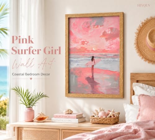Framed Pink Surfer Girl Canvas Wall Art, Sunset Girly Picture Wall Decor - Image 2