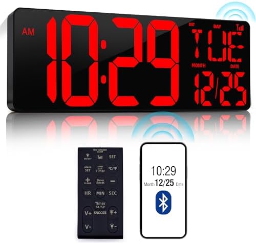 17.2" Large Digital Wall Clock Bluetooth Auto Sync Time Big Timer Red by CYMHCHL