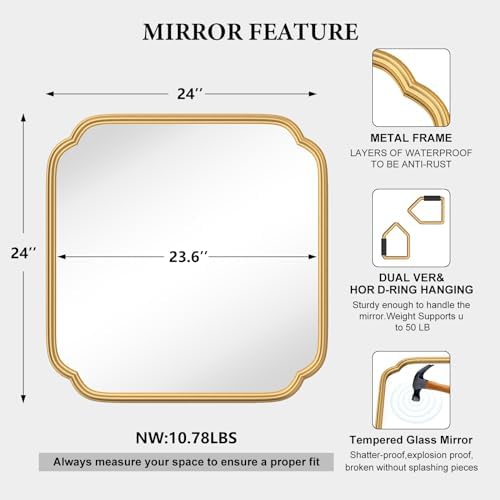 Ferytange Gold Bathroom Mirror for Wall 24" x 24" Modern Rounded Corner Square - Image 4