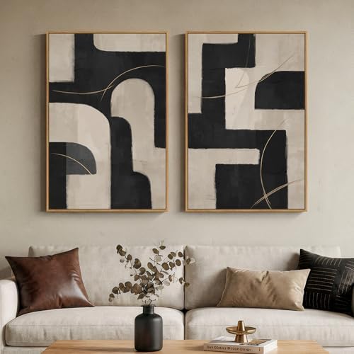 Large Framed Neutral Black and Beige Abstract Wall Art Set of 2, 24x36 In by Cuspin